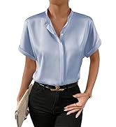 SweatyRocks Women's Elegant Stand Collar Button Dowm Shirt Short Sleeve Satin Blouse Top