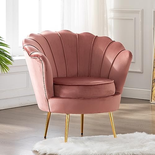 DAGONHIL Pink Velvet Accent Chair for Living Room, Lounge Chair for Bedroom with Gold Metal Legs, Vanity Chair for Makeup Room, Dusty Pink