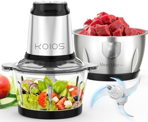 KOIOS 500W Powerful Electric Food Processor with 8 Cup Stainless Steel & Glass Bowls, 2 Speed Mode Electric Food Chopper with 2 Sets Blades Electric Meat Grinder Chopper for Family & Baby Use, Black