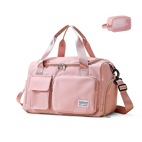 Pink Gym Bag for Women, Waterproof Travel Duffle Bag Carry On Weekender Bag with Shoe Compartment & Wet Pocket, Gym Tote Bag 