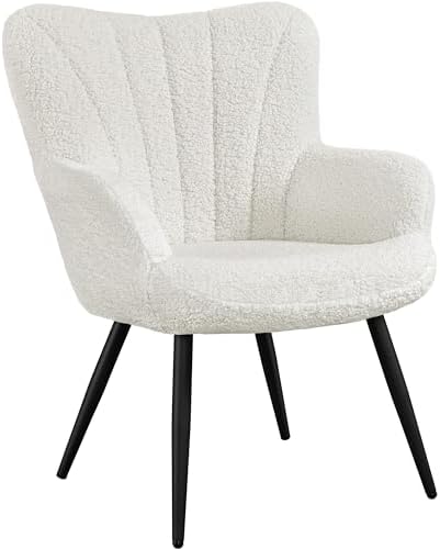 Yaheetech Boucle Accent Chair, Modern Fuzzy Sherpa Armchair, Fuzzy Sherpa Armchair, Upholstered Vanity Chair with High Back and Mental Legs for Living Room Makeup Bedroom, Ivory