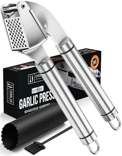 ORBLUE Garlic Press Stainless Steel - Premium Professional Grade Garlic Mincer, Crusher & Peeler Set - Easy Clean, Dishwasher Safe & Rust-proof