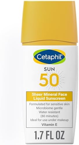 Cetaphil Sheer 100% Mineral Liquid Sunscreen for Face With Zinc Oxide Broad Spectrum SPF 50 Formulated for Sensitive Skin, Unscented, 1.7 Fl Oz