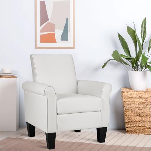 Lohoms Mid Century Modern Leather Accent Chairs Overstuffed White Leather Living Room Chairs Upholstered Comfortable Club Chair Fake Leather Arm Chair for Living Room Bedroom Office-White