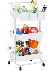 LEHOM 3-Tier Rolling Utility Cart with Hanging Cups &amp; Hooks &amp; Handle, Multifunctional Art Cart Organizer Storage with Wheels, Easy Assembly for Office, Bedroom, Kitchen, Bathroom, Laundry (White)