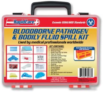 Rapid Care First Aid 839-LGBBK-1 Premium Bloodborne Pathogen & Bodily Fluid Spill Clean Up Kit, OSHA Compliant, Wall Mountable, 10" x 8" x 3.5",Red/Clear