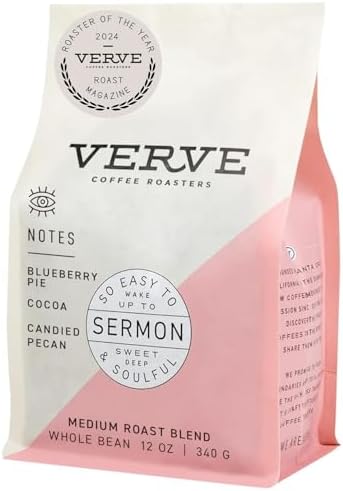 Verve Coffee Roasters Whole Bean Coffee Sermon Blend | Medium Roast, Brewed or Espresso, Direct Trade, Resealable Pouch | Enjoy Hot or Cold Brew | Ideal for French Press | 12oz Bag