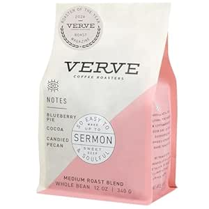 Verve Coffee Roasters Whole Bean Coffee Sermon Blend | Medium Roast, Brewed or Espresso, Direct Trade, Resealable Pouch | Enjoy Hot or Cold Brew | Ideal for French Press | 12oz Bag