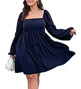 TINSTREE Womens Plus Size Square Neck Dress Long Puff Sleeve Flowy Swing A-Line Short Casual Mini...