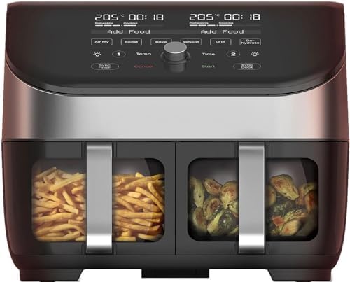 Instant Vortex Plus Dual Air Fryer with Large Double Air Frying Drawers and 8 Smart Programmes - Bake, Roast, Grill, Dehydrate, Reheat, XL Capacity - SyncCook & SyncFinish - Stainless-1700W