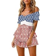 Fixmatti Women's Color Block Romper Off The Shoulder Short Sleeve Ruffle Jumpsuits Playsuit