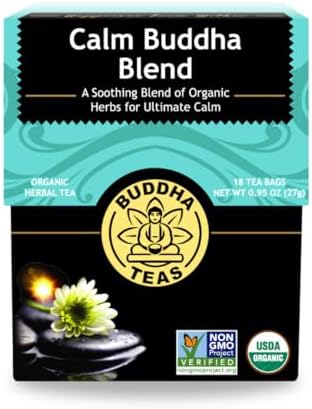 Buddha Teas - Calm Buddha Blend - Organic Herbal Tea - For Health & Wellbeing - Blend of Organic Herbs - Clean Ingredients - Caffeine Free - OU Kosher & Organic - Non-GMO - 18 Bleach-Free Tea Bags