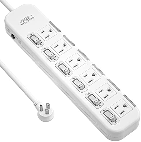 CRST 6-Outlet Power Strip Surge Protector with Safety Case,15A/1875W Mountable Power Strip with Individual Switches, 6FT 14AWG Extension Cord-White