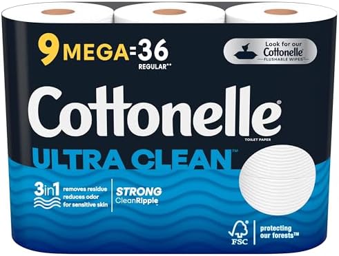 Cottonelle Ultra Clean Toilet Paper, Strong Toilet Tissue, 9 Mega Rolls (9 Mega Rolls = 36 Regular Rolls), 312 Sheets per Roll