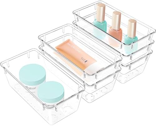 WOWBOX 6 PCS Clear Plastic Drawer Organizer Set, Desk Drawer Divider Organizers and Storage Bins for Makeup, Jewelry, Gadgets for Kitchen, Bedroom, Bathroom, Office