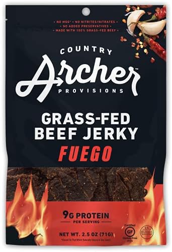 Fuego Beef Jerky by Country Archer, 100% Grass-Fed, Low Carb, Gluten Free, Keto Snack 2.5 Ounces, 4 Pack