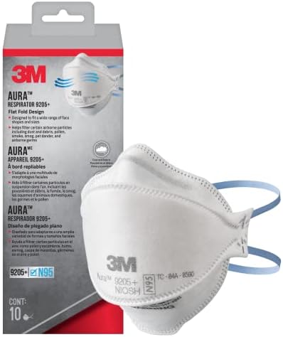 3M Aura Particulate Respirator 9205+ N95, Lightweight, Three Panel Designed Respirator Helps Provide Comfortable And Convenient Respiratory Protection, 10-Pack