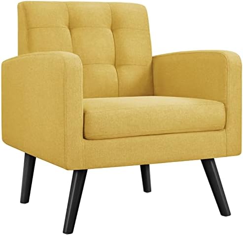 Yaheetech Mid-Century Accent Chairs, Modern Upholstered Living Room Chair, Cozy Armchair Button Tufted Back and Wood Legs for Bedroom/Office/Cafe, Yellow