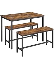 VASAGLE Dining Table with 2 Benches, 3 Piece Set, Kitchen Table of 70 x 110 x 75 cm, 2 Benches of 30 x 97 x 50 cm Each, Steel Frame, Industrial Design, Rustic Brown and Black KDT070B01