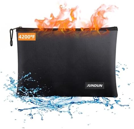 JUNDUN Fireproof Document Bags,14.2”x 10.0”Waterproof and Fireproof Money Bag,Fireproof Safe Storage Pouch with Zipper for A4 Document Holder,File,Cash and Tablet