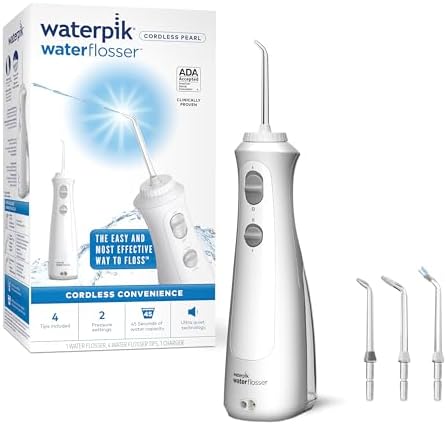 Waterpik Cordless Pearl Rechargeable Portable Water Flosser for Teeth, Gums, Braces Care and Travel with 4 Flossing Tips, ADA Accepted, WF-13 White