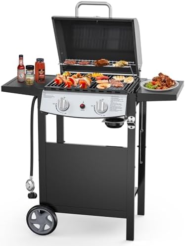 Joy Pebble 2 Burner BBQ Propane Gas Grill, 20,000 BTU Stainless steel Gas Grill with Two Side Storage Shelves,Barbecue Gas Grill for Outdoor Patio Garden Picnic Backyard Cooking