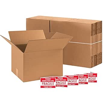 Aviditi 201812 Single-Wall Corrugated Box, 20&#34; Length x 18&#34; Width x 12&#34; Height, Kraft, Includes 10 Fragile Labels (Bundle of 10)