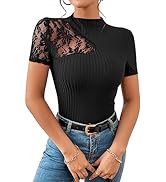 SweatyRocks Women's Short Sleeve Ribbed Knit Top Sheer Floral Lace Mock Neck Slim Fit Tee Shirt