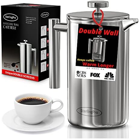 SterlingPro French Press Coffee Maker (1.5L)-Double Walled Large Coffee Press with 2 Free Filters-Enjoy Granule-Free Coffee Guaranteed, Stylish Rust Free Kitchen Accessory-Stainless Steel French Press