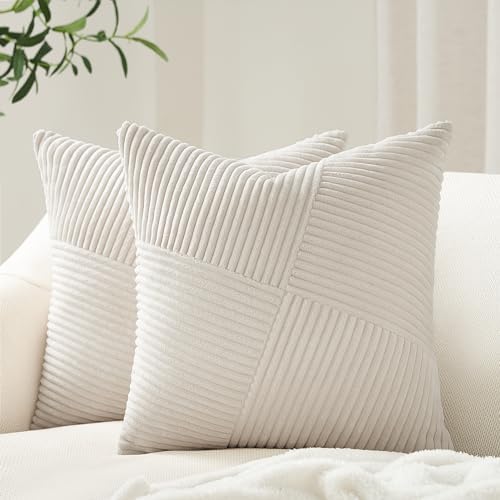 Topfinel 12x12 Inch Decorative Pillow Covers Set of 2 for Couch Sofa Bed, Soft Corduroy Striped Patchwork Cream White Throw Pillow Covers Windmill Textured Square Cushion Cases Cute Modern Home Decor