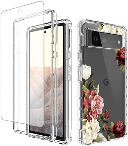 Yodueiv for Pixel 6 Case, GB7N6 Case with Tempered Glass Screen Protector, Full-Body Cute Clear Floral Pattern Protective Phone Cover Case for Google Pixel 6 (Flower)