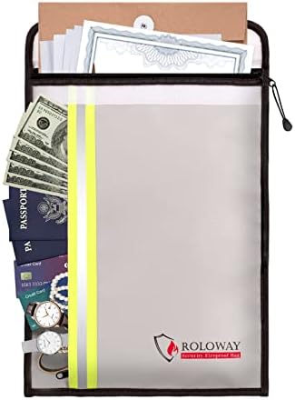 ROLOWAY Fireproof Document Bag (15 x 11 inch) with 2 Pockets & Waterproof Zipper, Fireproof Money Bag, Fire Safe Bag with Reflective Strip, Fireproof Envelope for Cash, Legal Documents Safe (Silver)