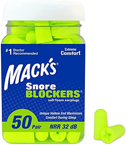 Mack’s Snore Blockers Soft Foam Earplugs, 50 Pair – 32 dB High NRR, 37 dB SNR – Comfortable Ear Plugs for Sleeping, Snoring, Loud Noise and Travel