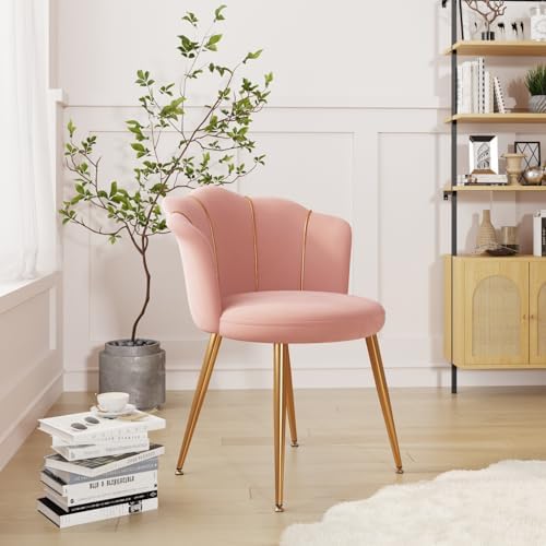 FiveWillowise Living Room Chairs, Mid Century Modern Accent Chair, Upholstered Velvet Chair, Preppy Dining Chair with Back, Cute Vanity Chair with Gold Legs for Bedroom, Study, Waiting Room, Pink