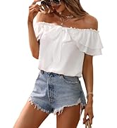 SweatyRocks Women's Off Shoulder Ruffle Trim Knot Front Blouse Tiered Layer Butterfly Short Sleev...