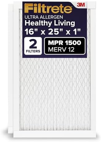 Filtrete 16x25x1 AC Furnace Air Filter, MERV 12, MPR 1500, CERTIFIED asthma & allergy friendly, 3 Month Pleated 1-Inch Electrostatic Air Cleaning Filter, 2-Pack (Actual Size 15.69 x 24.69 x 0.78 in)