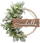 Winters Wreath for Front Door, Wood Bead Wreaths with Artificial Lambs Ears Leaves, Hello and Wel...