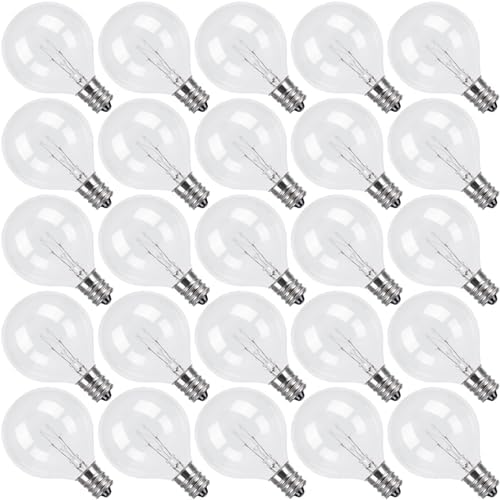 CYLYT 25-Pack G40 Replacement Light Bulbs, 5W Clear Globe Bulbs for Outdoor String Light (E12 / C7 Screw Base Sockets), Warm White 2200K, 20 Lumen, Dimmable