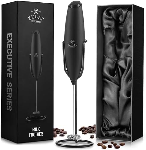 Zulay Kitchen Executive Series Milk Frother Wand - Upgraded & Improved Stand - Ideal Coffee Gift - Coffee Frother Handheld Foam Maker For Lattes - Electric Milk Frother Handheld For Cappuccino