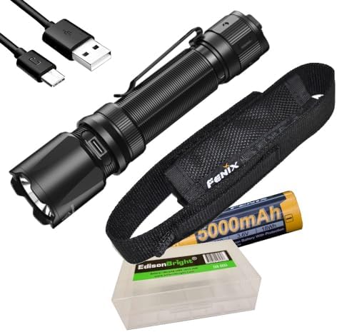 Fenix TK20R V2 Rechargeable 3000 Lumen LED Tactical Flashlight with, 5000mAh Rechargeable Battery, USB Charging Cable and EdisonBright Battery Carrying case Bundle