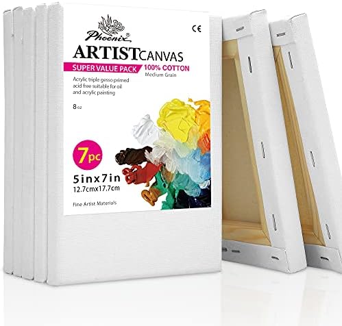 PHOENIX Stretched Canvas for Painting 5x7 Inch/7 Value Pack, 8 Oz Triple Primed 5/8 Inch Profile 100% Cotton White Blank Canvas,Small Framed Canvas for Oil Acrylic & Pouring Art