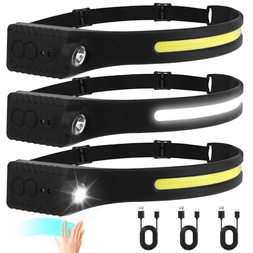 Zekory Headlamp Rechargeable 3pcs, 230° Wide Beam Head Lamp, LED Headlamp with Motion Sensor, 5 Modes IPX4 Waterproof Headlam