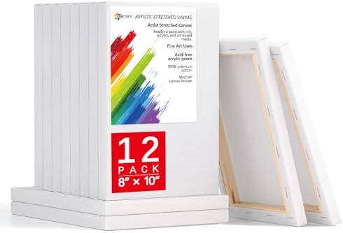 Simetufy 8x10 Inch Stretched Canvas for Painting, 12 Pack 100% Cotton Professional Blank Canvas, Canvases for Painting Using Acrylic Paint or Oil (Pre-Primed)