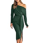 ANRABESS Women's Off Shoulder Midi Dress 2022 Fall Long Sleeve Boat Neck Tie Waist Casual Loose S...
