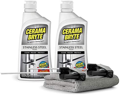 Cerama Bryte Stainless Steel Cleaner for Appliances, Streak-Free Shine and Protection for Refrigerators, Dishwashers, Ovens, and Grills, 16 Fluid Ounce 2 Pack, Microfiber Cloth and 2 Spray Pumps