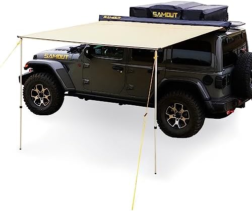 SAMOUT Vehicle Awning, 4.6ft x 6.6ft, Rooftop Pullout Ripstop UPF50+ Side Awning, Reinforced Hinges & Poles for Jeep/SUV/Truck/Van