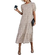 PRETTYGARDEN Women's Summer Casual Boho Dress Floral Print Ruffle Puff Sleeve High Waist Midi Bea...