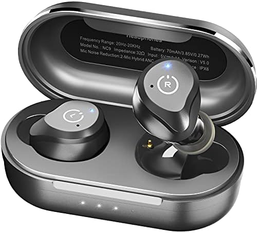 TOZO NC9 Hybrid Active Noise Cancelling Wireless Earbuds, in Ear Headphones IPX6 Waterproof Bluetooth 5.3 Stereo Earphones, Immersive Sound Premium Deep Bass Headset Matte Black