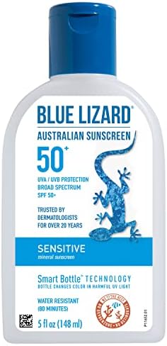 BLUE LIZARD Sensitive Mineral Sunscreen with Zinc Oxide, SPF 50+, Water Resistant, UVA/UVB Protection with Smart Bottle Technology - Fragrance Free, 5 oz