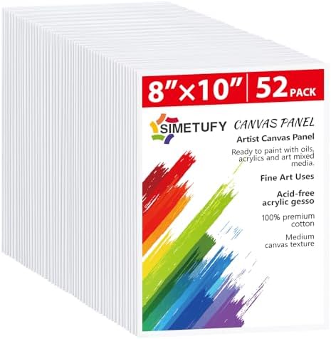 Simetufy Canvas Boards for Painting 52 Pack 8 x 10 Inch Blank Canvas Panels 100% Cotton Canvases Pre-Primed for Acrylic & Oil Paint